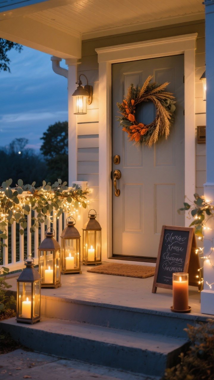 Wide twilight porch entry capturing warm, layered lighting and small moments. Lantern trios with flameless candles at staggered heights create a golden glow; warm-white fairy lights wrapped around a eucalyptus wreath or railing; a simple door piece—either a eucalyptus-and-dried-orange wreath or a wheat swag—adds silhouette. Include a hurricane-protected outdoor candle in cinnamon or cedar on a step, and a small chalkboard sign with a short seasonal message. Optional upgrade hints: aged bronze or brass door hardware and a sleek door knocker. Moody blue hour ambience with warm highlights, straight-on composition, photorealistic, no people.