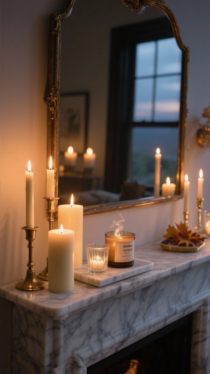 Wide twilight shot of a mantle styled for cozy candle moments: mixed candle heights including tall brass taper candlesticks, a couple of creamy pillar candles, and low glass votives; position candles near a vintage mirror to capture a moody double flicker reflection; group some candles on a marble board or small tray for tidy, intentional styling; include optional LED tapers for safety cues; overall warm, golden glow with soft shadows and ambient evening light; hint of a single fall-scent candle (cedar, smoked vanilla, or chai) implied by label, no smoke; photorealistic