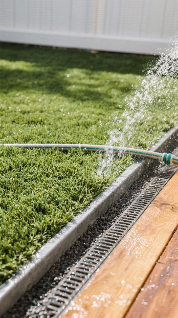 25" pile, pet-specific antimicrobial infill visible in a subtle close area, laid over a permeable base with clean steel edging on one side and warm cedar trim on the other; a discreet French drain grate runs along the edge; hose spray sheen suggests easy rinse maintenance; bright, even daylight, crisp, design-blog aesthetic, no people.