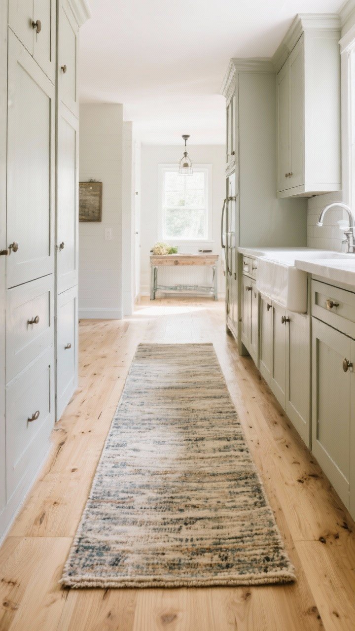5' x 9' runner centered between cabinets; for context, include a farmhouse sink and light oak floors. Natural overhead daylight with gentle falloff, emphasizing the worn-in character and flat, trip-proof profile of the rug.