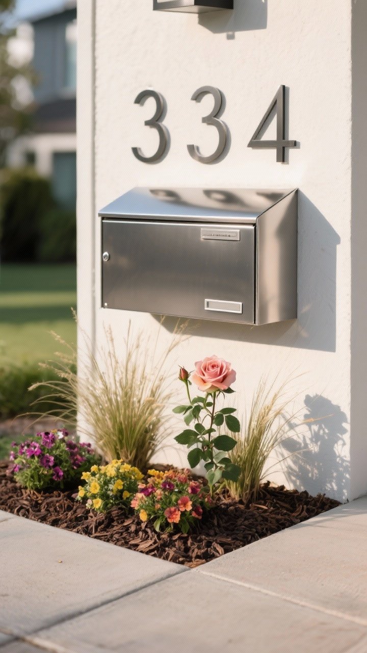 A closeup, straight-on detail of a statement mailbox setup: a sleek modern metal mailbox with crisp, high-contrast house numbers mounted and softly lit. At its base, a neat 3x3 planting pocket includes ornamental grass, a dwarf rose, and seasonal annuals, all mulched cleanly and kept low for access. Morning light highlighting textures of metal, petals, and mulch.
