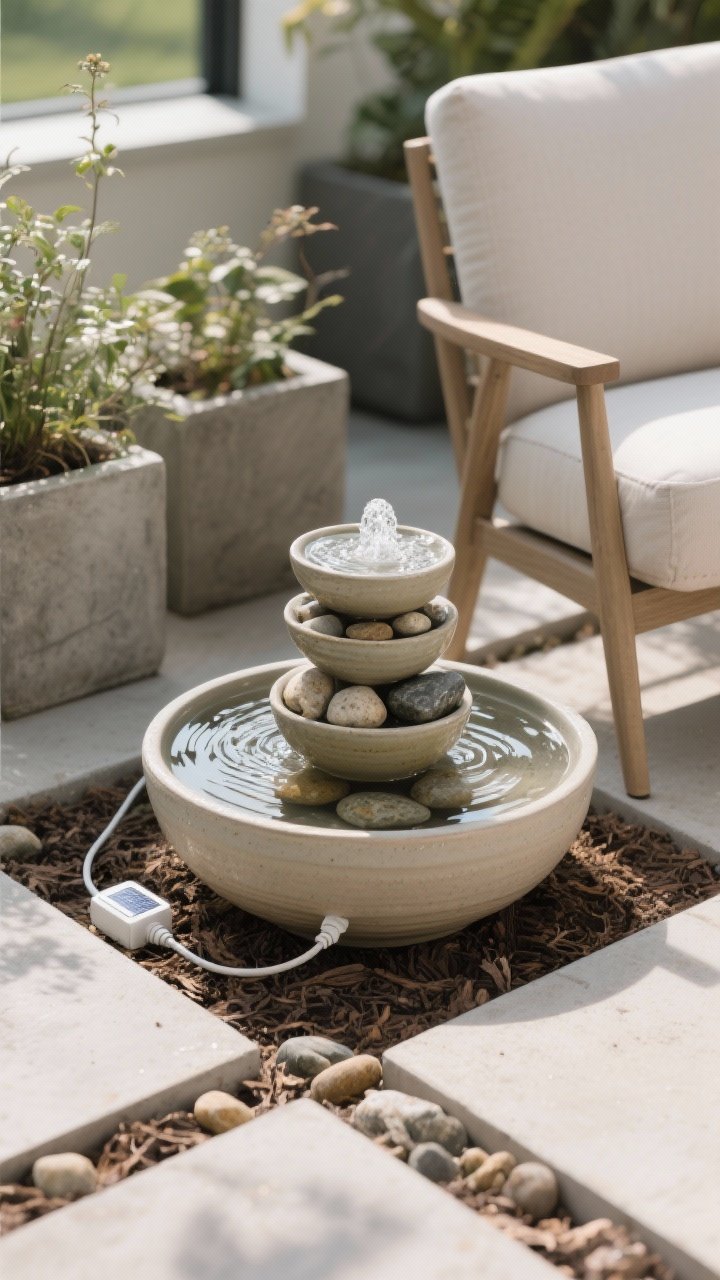 A closeup, three-quarter angle of a compact plug-in or solar water feature near seating: stacked ceramic bowls forming a gentle bubbler; discreet cord routing hidden under mulch behind planters, basin topped with smooth river rocks for a polished look; subtle ripples and reflections on water surface; placed beside an outdoor chair to imply sound proximity; soft ambient daylight, clean and tranquil; no people, photorealistic.