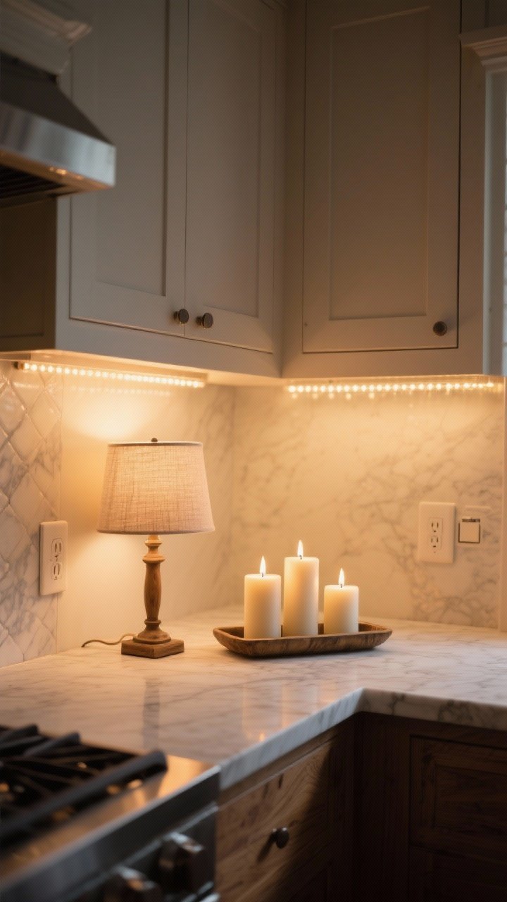 A corner medium shot focusing on layered cozy lighting in a kitchen: under-cabinet battery LED strips casting a gentle 2700K glow on a marble or stone counter; a small table lamp with a linen shade on the counter for peak cozy-cottage energy; a trio of unscented pillar candles on a tray creating a warm, flickering accent. Replace harsh overhead light with dimmed, warm bulbs (2700K–3000K). Capture the soft, inviting glow on nearby wood and ceramic surfaces. Shot from a slight angle to show depth and multiple light sources. Photorealistic.