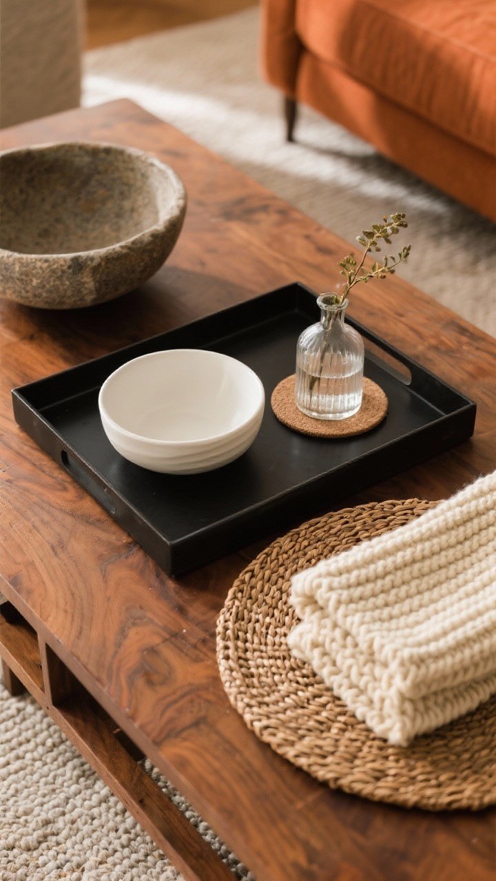A detail closeup, overhead view of a rectangular coffee table styled to showcase layered textures for fall: a matte black metal tray anchors the arrangement, holding a smooth white ceramic bowl and a small clear glass bud vase; beside it, a thick knit coaster set in chunky cream yarn and a woven rattan placemat peek from under the vase for added texture. Include a warm wood tabletop, a stone or ceramic bowl for visual weight, and a tight palette of terracotta, walnut, cream, and black with a touch of white. Soft natural afternoon light skims across the surfaces to emphasize glass + wood + fabric + ceramic contrasts; no extra items beyond those textures to keep the 2–3 color rule clear.