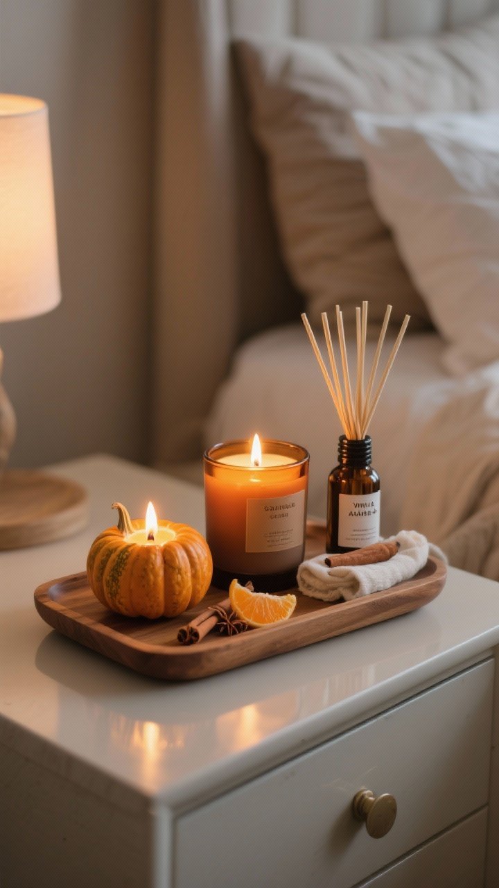 A detailed closeup of a nightstand aroma vignette: two candles—one gourmand (pumpkin, vanilla) and one woody (sandalwood, clove)—in amber glass and matte ceramic vessels, flames softly glowing; a small reed diffuser with cinnamon bark, orange, and cedar oils; a linen spray bottle labeled vanilla and amber; everything styled on a natural wood tray with gentle reflections. Low, cozy lighting emphasizes the warm glow and candlelight flicker; background softly blurred textiles hint at the bedroom. Photorealistic, no people.