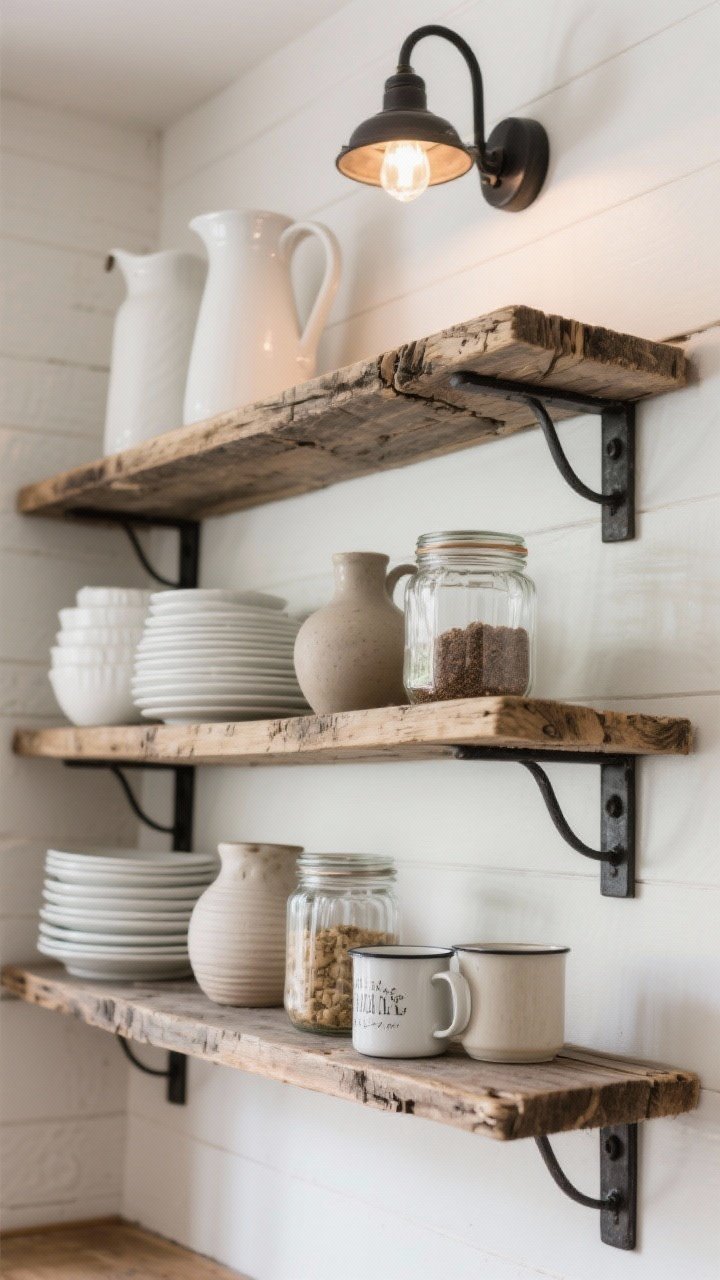 A detailed closeup of open shelving made from chunky reclaimed wood planks with imperfect edges and visible grain, mounted with black iron brackets; shelves styled with stacks of white dishes, clear glass jars of pantry goods, a few neutral pottery pieces, and pretty mugs placed front and center; depth appears about 10–12 inches, with vertical clearance suitable for tall pitchers; a small sconce above the shelves casts a moody cottage-like glow; tight palette for a clean, modern farmhouse feel; photorealistic, no people.