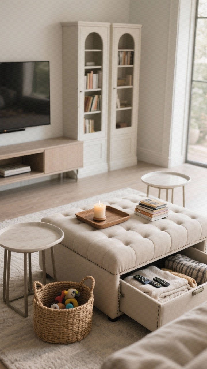 A detailed closeup, photorealistic vignette of double-duty storage: a tufted storage ottoman used as a coffee table with a tray holding a candle and a small stack of books; partially open to reveal neatly folded blankets and remotes inside. In the mid-ground, show a pair of slim nesting tables partially tucked under each other, and along the wall, a faux built-in composition—two tall bookcases flanking a low media console—styled minimally. Include a chic natural fiber basket under a bench edge for hidden toys. Soft, diffuse daylight, focus on textures and the “hidden storage” functionality.