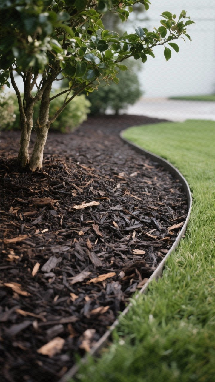 A detailed, low-angle closeup of a freshly mulched landscape bed: rich, even layer of shredded bark showing 2–3 inches depth; a crisp trench edge 2–3 inches deep separates mulch from lawn; clear 3–6 inch mulch-free collars at shrub trunks—no “mulch volcanoes”; color contrast between dark mulch, green foliage, and cut lawn edge; soft overcast light to emphasize texture and tidy lines; no people, photorealistic.