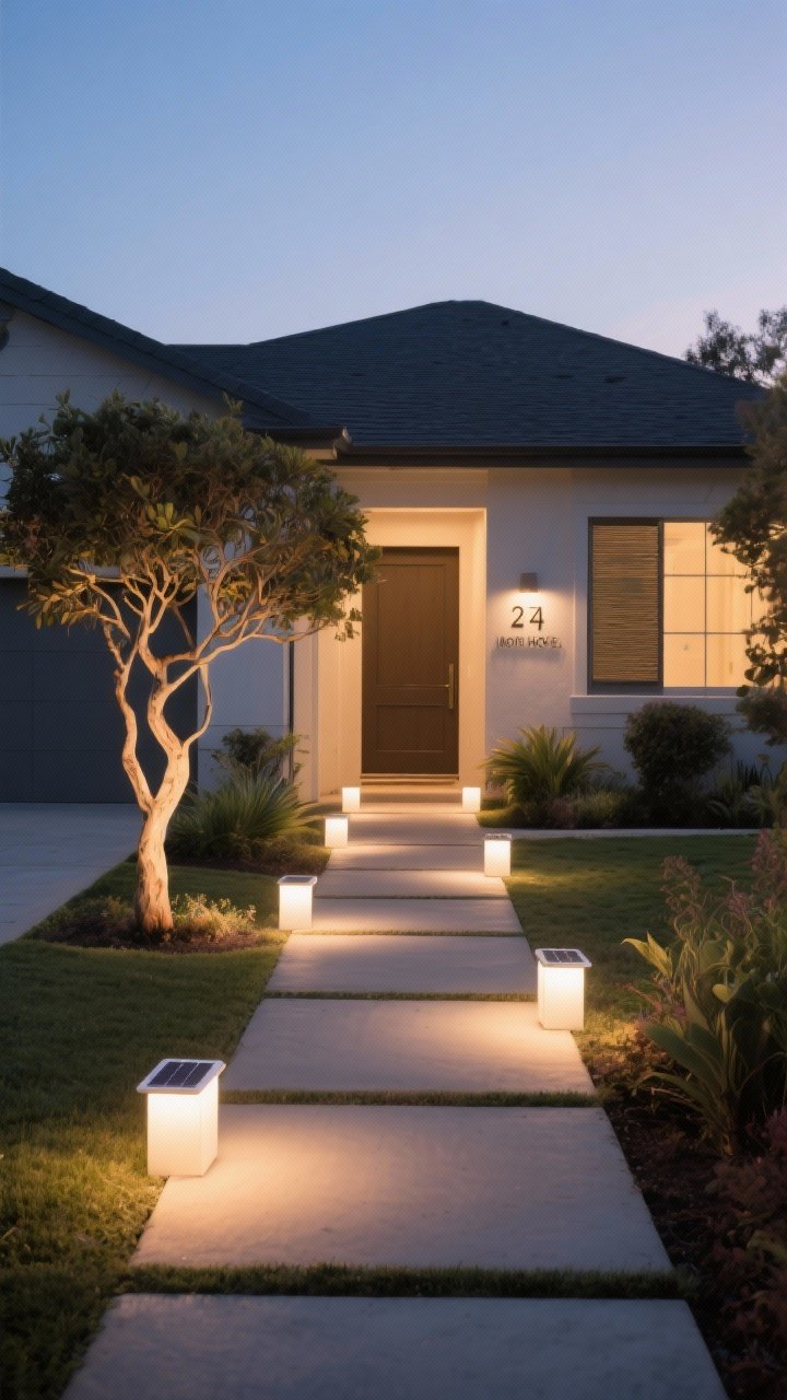 A dusk, medium straight-on view of a softly lit front path: warm-white (2700–3000K) solar path lights staggered 5–8 feet apart for a non-runway feel; a single subtle uplight casts gentle illumination up a sculptural small tree and the house number, creating boutique-hotel ambiance; balanced highlights and shadows reveal plant forms without glare; no people, photorealistic.