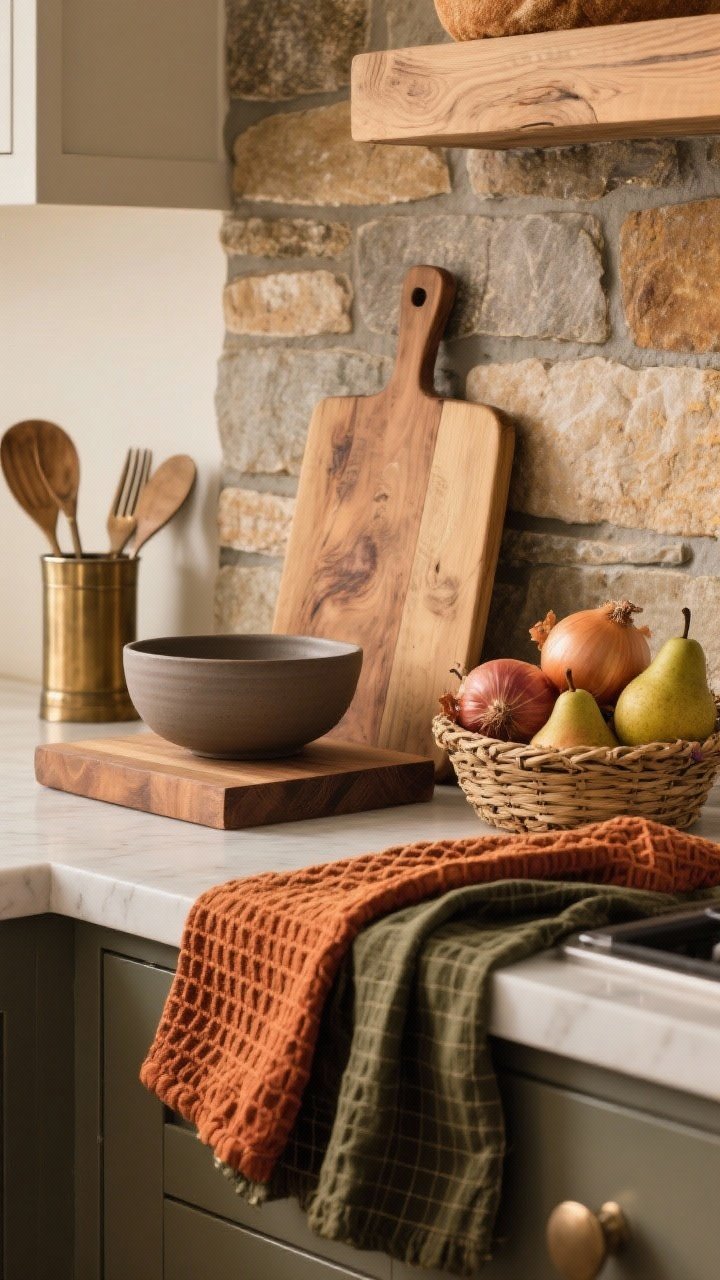 A medium closeup of a warm fall kitchen counter styled for texture layering: a chunky wood cutting board and a vintage bread board leaning against a stone backsplash, a wooden riser holding a matte ceramic bowl, nubby linen and waffle-weave tea towels in rust, ochre, and deep olive draped over the counter edge, and a woven natural basket filled with onions and pears. Include subtle metal accents like a brushed brass utensil cup. Soft, warm ambient lighting with gentle shadows; straight-on angle to highlight the mix of wood, stone, linen, and metal. No plaid patterns; balanced solids in earthy tones. Photorealistic.