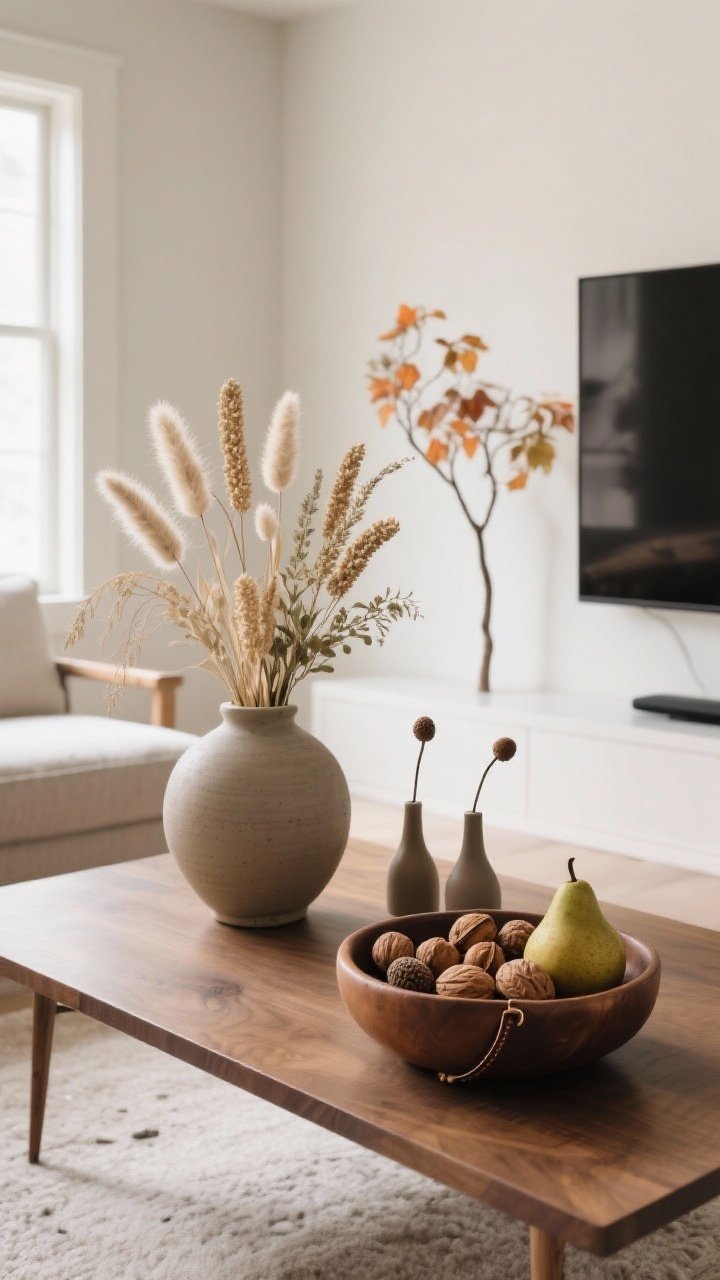 A medium corner-angle shot emphasizing natural elements without mess: on a rectangular wood coffee table, place a low, wide ceramic vase off-center holding dried stems—bunny tails, millet, and bleached ruscus—in a muted, natural palette. Nearby, a leather bowl holds a mix of acorns, walnuts, and a couple of mini muted pears. Add one slender faux branch with subtle, non-neon fall color positioned to the side so the TV sightline remains clear. Include a small bud vase trio with single stems for height repetition. Soft daylight, warm and clean, enhances organic textures; no shedding foliage, no bright oranges.