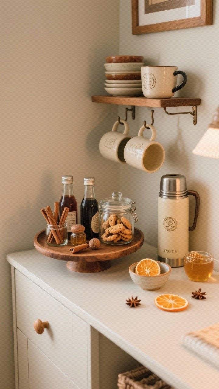 A medium, corner-angle shot of a mini coffee and cider bar styled on a sideboard: a wood tray or cake stand as the base layer; neatly lined syrups, cinnamon sticks, nutmeg, and honey; a glass jar of biscotti or ginger snaps; 3–4 mugs hanging from small hooks and a couple stacked on a mini shelf; a vintage thermos for weekend hot apple cider; small bowls with dried orange slices and star anise for garnish. Cozy, Instagram-ready composition, tidy and compact. Warm ambient lighting with gentle highlights on glass and ceramic, photorealistic.