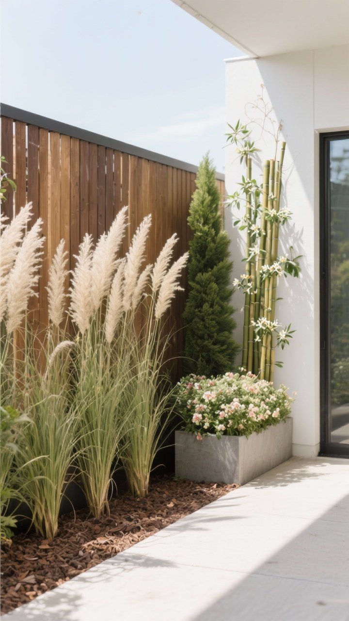 A medium corner-angle view of a fast privacy screen solution: a trio planting line featuring tall ornamental grasses (Karl Foerster), a narrow evergreen, and a flowering shrub for texture and year-round interest; adjacent, a slatted wood panel with twining star jasmine adds vertical cover; optional tall planters host clumping bamboo for renter-friendly flexibility; bright daylight, clean mulched bases; no people, photorealistic.