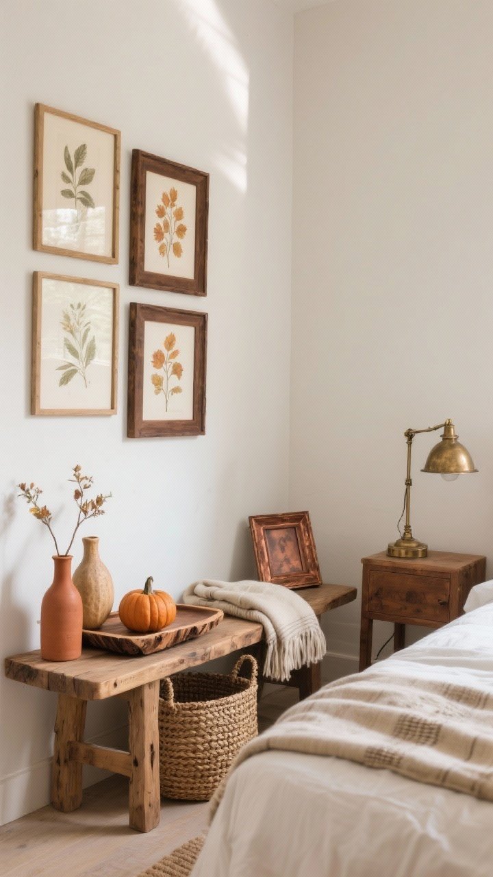 A medium corner shot of refined rustic accents: a mango wood bench at the foot of the bed holding a folded throw and a woven seagrass basket; live-edge wood tray on the bench with terracotta bud vases and a ceramic gourd for pumpkin-adjacent decor; walnut picture frames on the wall featuring botanical prints in autumn tones; antique brass table lamp and small copper picture frame adding warm metal notes. Balanced negative space around pieces to keep the room serene. Soft afternoon natural light. Photorealistic, no people.