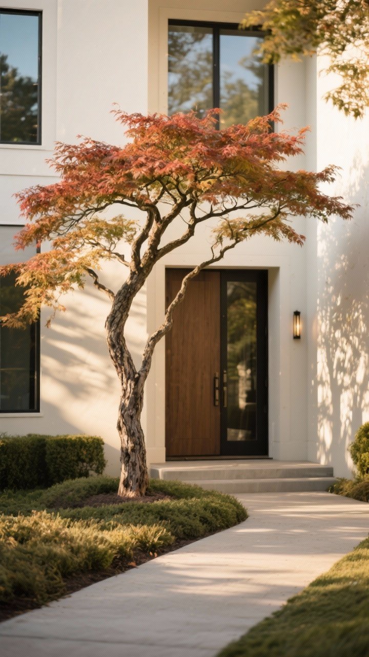 A medium landscape shot featuring a single signature tree as the star: a sculptural Japanese maple offset from the front door to frame the entry like a picture, with dappled shade on the walkway and facade. The bark and branching form are emphasized; understory groundcover keeps it simple. Soft golden-hour light enhances foliage color and graceful silhouette.