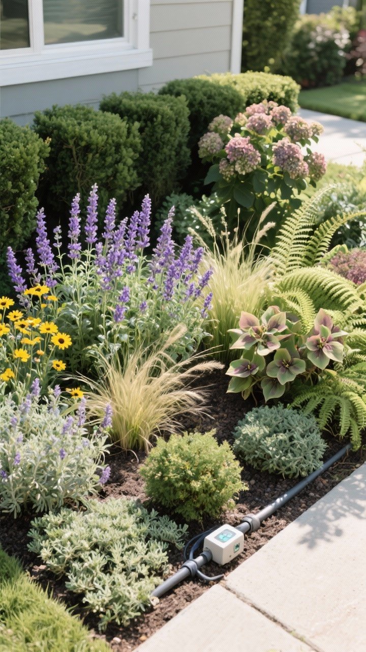 A medium shot of a low-maintenance front bed grouped by sun and water needs: in a sunny section, lavender, Russian sage, catmint, coreopsis, salvia, and ornamental grasses sway together; nearby, a part-shade pocket shows heuchera, hellebore, ferns, and a panicle hydrangea. Evergreen backbone plants (boxwood, yew, dwarf mondo grass, viburnum) add structure, with creeping thyme as groundcover. A discreet drip irrigation line with a smart timer box is visible at the edge. Bright, natural daylight, clean and efficient mood.