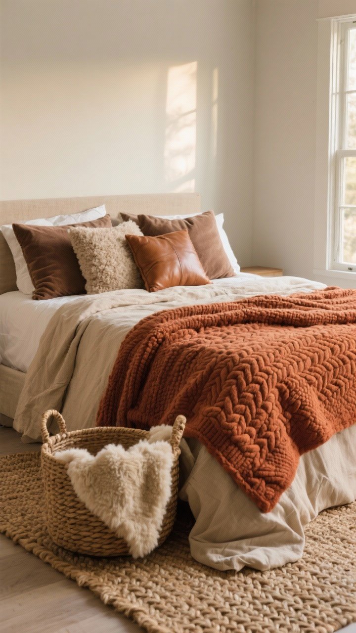 A medium, straight-on bedroom vignette focused on layered textures: a bed made with warm neutral oatmeal linen sheets and taupe flannel pillowcases, topped with a rust terracotta quilt and a chunky cable-knit throw draped at the foot; mix of velvet, bouclé, and faux leather accent pillows arranged in an odd number; a plush braided jute rug beneath; nearby, a woven basket with a faux shearling throw peeking out. Soft, warm ambient morning light from a side window emphasizes the tactile weaves and nubby linens. Photorealistic, no people.