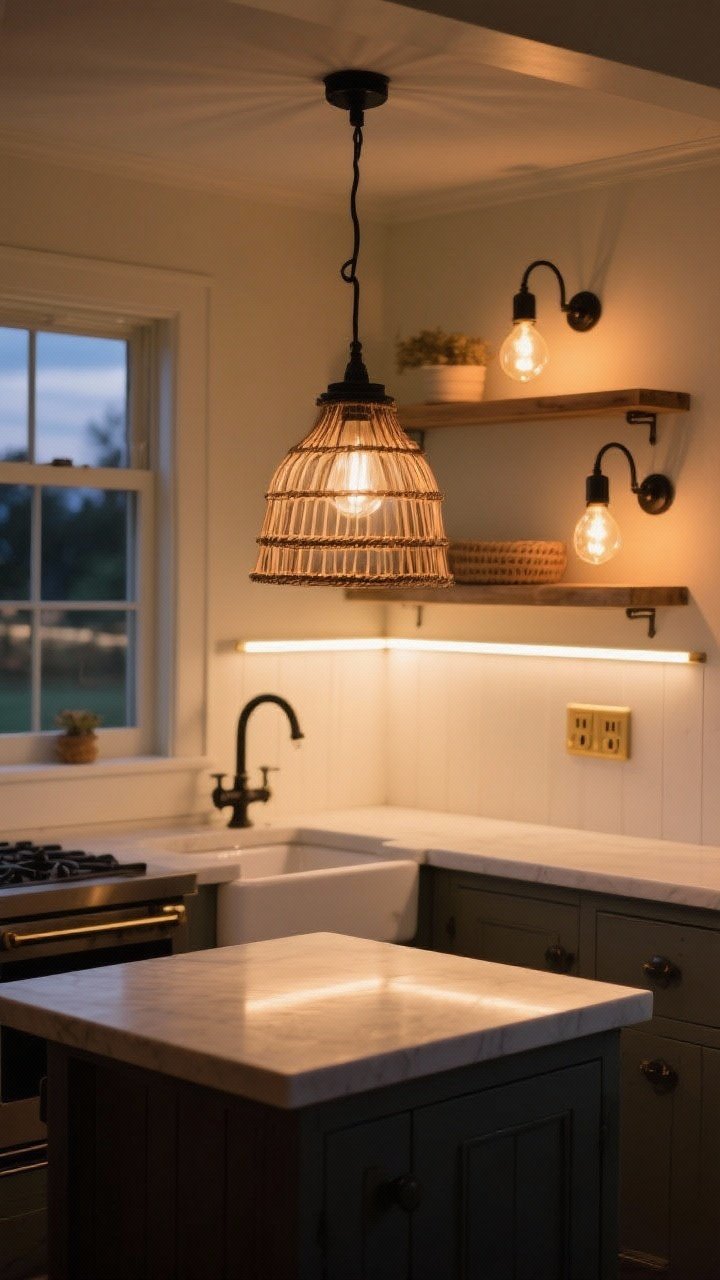 A medium, straight-on composition of a small farmhouse kitchen lighting vignette: warm pendant in iron, rattan, or milk glass centered over a micro-island or sink; slim under-cabinet LED strips casting an even glow on the countertop; and a pair of plug-in sconces mounted above open shelves for added charm. The bulbs are warm (2700–3000K), creating a cozy ambience with layered light that visually enlarges the space. Subtle matte black or brass elements tie in the farmhouse feel. Evening or dusk setting to emphasize the layered lighting effects, photorealistic.