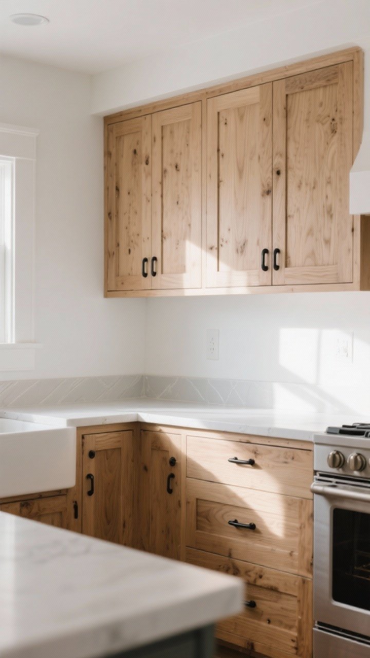 A medium, straight-on kitchen vignette focusing on warm wood cabinets with simple Shaker doors in white oak, paired with matte black cup pulls on drawers and slim knobs on doors; white walls and soft greige trim create airy contrast; natural, matte wood finish with visible grain and light oil sheen; counters minimally styled to highlight the cabinetry; soft natural daylight from the left, subtle shadows; photorealistic, rustic farmhouse mood with grounded modern contrast; no glossy surfaces, no people.