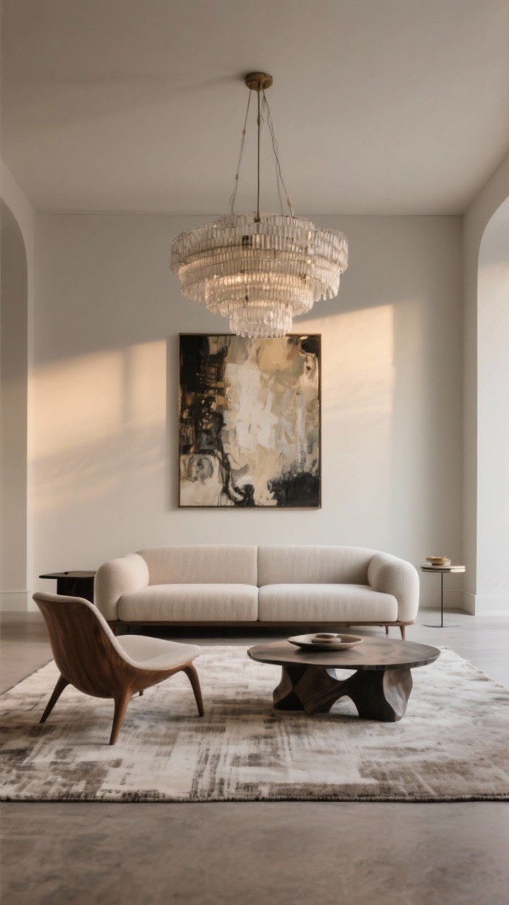 A medium, straight-on photorealistic scene emphasizing scale and proportion: one generous low-profile sofa with front legs on a correctly sized area rug, a single sculptural statement chair, and one standout coffee table. Include one hero piece overhead—a textured chandelier—or alternatively a large bold art piece that pulls the eye upward. Keep furniture silhouettes lower in height to preserve open sightlines. Neutral wall color, balanced negative space, controlled styling. Gentle early-evening ambient light that softly highlights the hero element.
