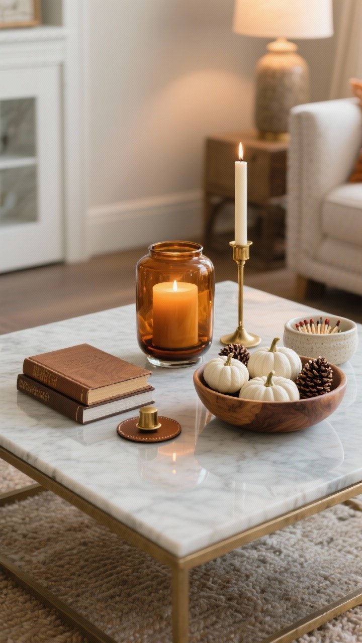 A medium straight-on shot of a coffee table vignette with a strong fall focal point: center an oversized amber-glass candle as the hero piece, flanked by a tall brass taper candle on one side and a low ceramic match striker dish on the other. Create three mini zones across the table using the rule of thirds: the hero candle; a stack of two walnut-toned books; and a chunky wooden bowl filled with mini white pumpkins and a few pinecones. If the table surface is glass or marble, include warm finishes—brass candlestick, leather coaster, and walnut accents—to counter the coolness. Cozy, warm ambient lighting with gentle reflections; no people.