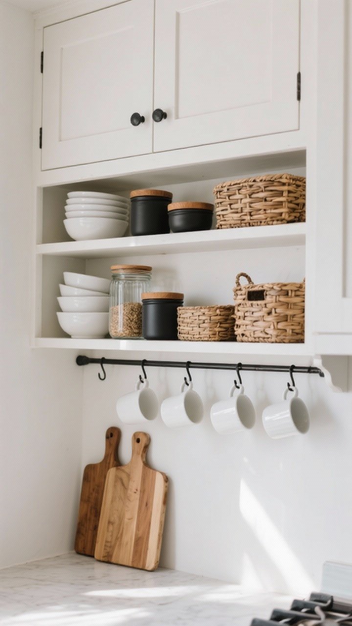 A medium, straight-on shot of a compact farmhouse kitchen wall featuring half-open shelving: one long open shelf above closed white shaker cabinets below. The open shelf is carefully curated with a limited palette of whites, warm woods, and matte black accents—stacked white ceramic bowls, glass jars with dry goods, ceramic canisters with wooden lids, a few woven baskets, and a couple of cutting boards standing upright. Everyday white mugs hang or sit on the lower part of the open shelf for easy reach. Soft natural daylight from the left, clean backdrop, minimal decor to avoid clutter, photorealistic detail that highlights the glass, wood grain, and matte finishes.