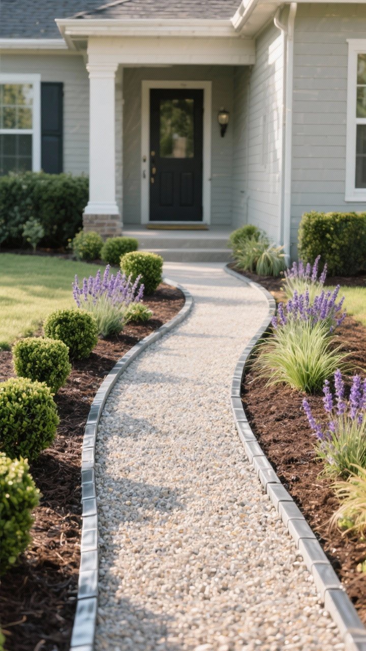 A medium, straight-on view of a front walkway framed by a graceful curved border: clean steel or stone edging tracing a hose-defined curve, with neatly spaced low plantings of boxwood, lavender, and mondo grass set 6–12 inches back from the path; a thin, even mulch layer crisps the look; soft afternoon natural light enhances the tidy texture contrast between smooth edging, fine gravel path, and mulched beds; no people, photorealistic, suburban entry that feels polished and welcoming.