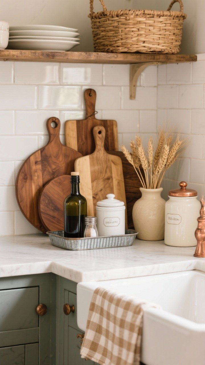 A medium, straight-on vignette of a farmhouse kitchen counter styled with warm, rustic layers: a cluster of vintage-style cutting boards (mix of round and rectangular warm woods) leaning against a white subway tile backsplash; a galvanized metal tray corralling a dark olive oil bottle, small salt cellars, and a tiny cream ceramic vase with dried wheat; white and cream ceramic canisters with simple labels; touches of hammered copper accents; a gingham or ticking stripe dish towel in warm neutrals draped casually over the sink edge. Palette: warm neutrals with a touch of copper. Soft natural afternoon light, cozy curated mood, photorealistic texture emphasis on wood grain, creamy ceramics, woven basket on an upper shelf.