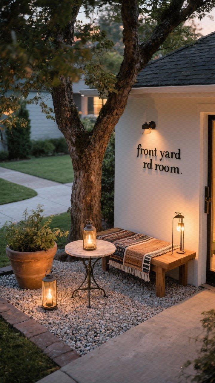 A medium vignette of a “front yard room” under a tree: a compact gravel pad with a wooden bench, a small round bistro-style side table, and lantern stakes casting a warm glow. A large planter anchors the scene, with layered rugs on the bench seat for texture. Corner angle to show context with nearby path; early evening ambiance, friendly and inviting.