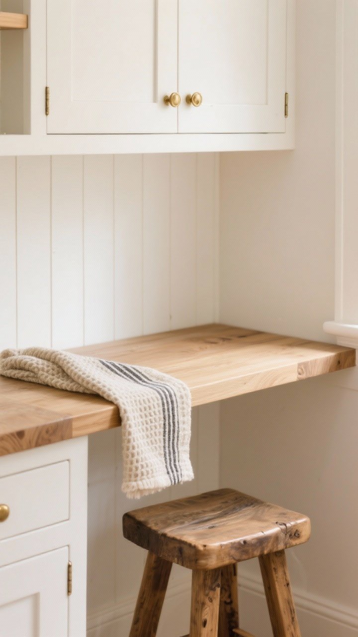 A photorealistic closeup/detail shot capturing cozy warm whites and natural woods: a creamy warm white wall meeting warm white shaker cabinetry, brushed brass hardware catching soft light, and a thick white oak shelf or butcher-block edge showing natural grain. Include a nubby neutral textile like a striped runner edge or waffle-weave towel, and the corner of a natural-finish farmhouse table or chunky wood stool. Lighting is gentle and diffused to emphasize undertones and texture; overhead-leaning angle that highlights contrast between crisp white and warm wood. No people.