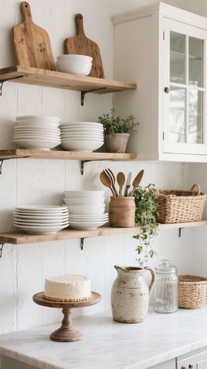 A photorealistic detail/medium shot of open farmhouse kitchen shelves styled with soul: white plates and bowls stacked neatly, natural accents like wood cutting boards and woven baskets, a vintage crock holding utensils, and small potted herbs or trailing ivy for a touch of green. Include height variation using a cake stand, a ceramic pitcher, and lidded glass jars. White wall backdrop with subtle texture; optional adjacent glass-front upper cabinet to hint at a dust-friendly compromise. Soft natural light, straight-on view focusing on composition and warmth. No people.