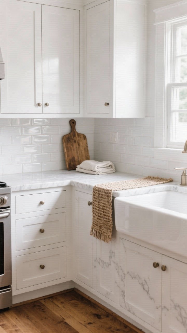 A photorealistic medium shot of a white farmhouse kitchen corner focused on layered textures: classic white shaker cabinets, a glossy white subway tile or zellige backsplash with subtle ripples, honed white quartz or marble countertops with faint veining, and warm medium-tone wood floors. Style the counter with a vintage wooden cutting board leaned against the backsplash, a folded linen tea towel, and a woven runner by the sink. Natural daylight from a side window rakes across surfaces to emphasize smooth, rough, glossy, and matte finishes. Straight-on perspective, no people.