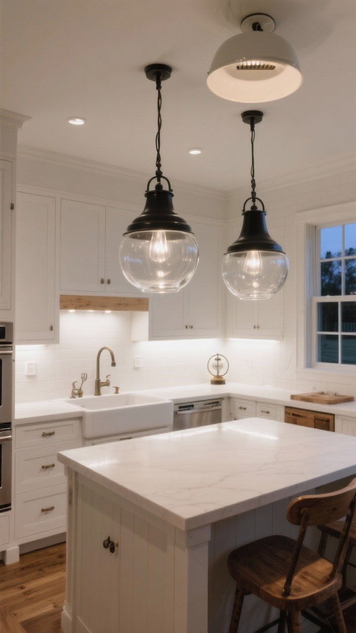 A photorealistic wide shot emphasizing statement lighting in a white farmhouse kitchen: two oversized clear-glass pendants or matte black metal bell pendants centered over a white island; a small schoolhouse globe over the sink; and a simple flush-mount enamel ceiling fixture. Layer lighting for mood—show under-cabinet task lights softly illuminating white counters, with dim ambient glow elsewhere to demonstrate task, ambient, and accent lighting. White cabinetry and light counters keep the space airy; warm wood accents for balance. Slight corner angle, evening/dusk lighting for drama, no people.