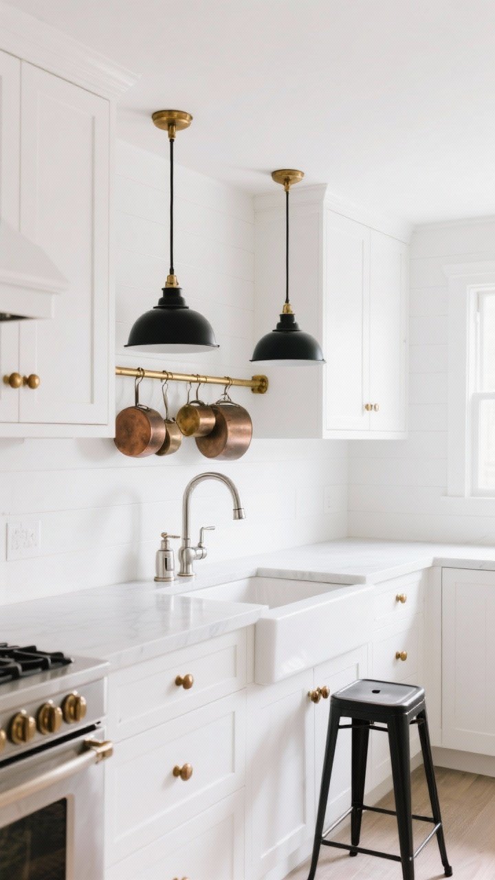 A photorealistic wide shot of a bright white farmhouse kitchen showcasing mixed metals: brushed brass or warm bronze knobs and pulls on white shaker cabinets, a polished nickel bridge faucet at the sink, and two matte black pendant lights above the island. Keep the palette crisp and airy; repeat each metal at least twice (e.g., brass hardware and a brass pot rail, polished nickel faucet and soap dispenser, matte black pendants and a black-framed stool base). Soft, even daylight with gentle reflections on metal; corner angle to capture the coordinated yet curated feel. No people.