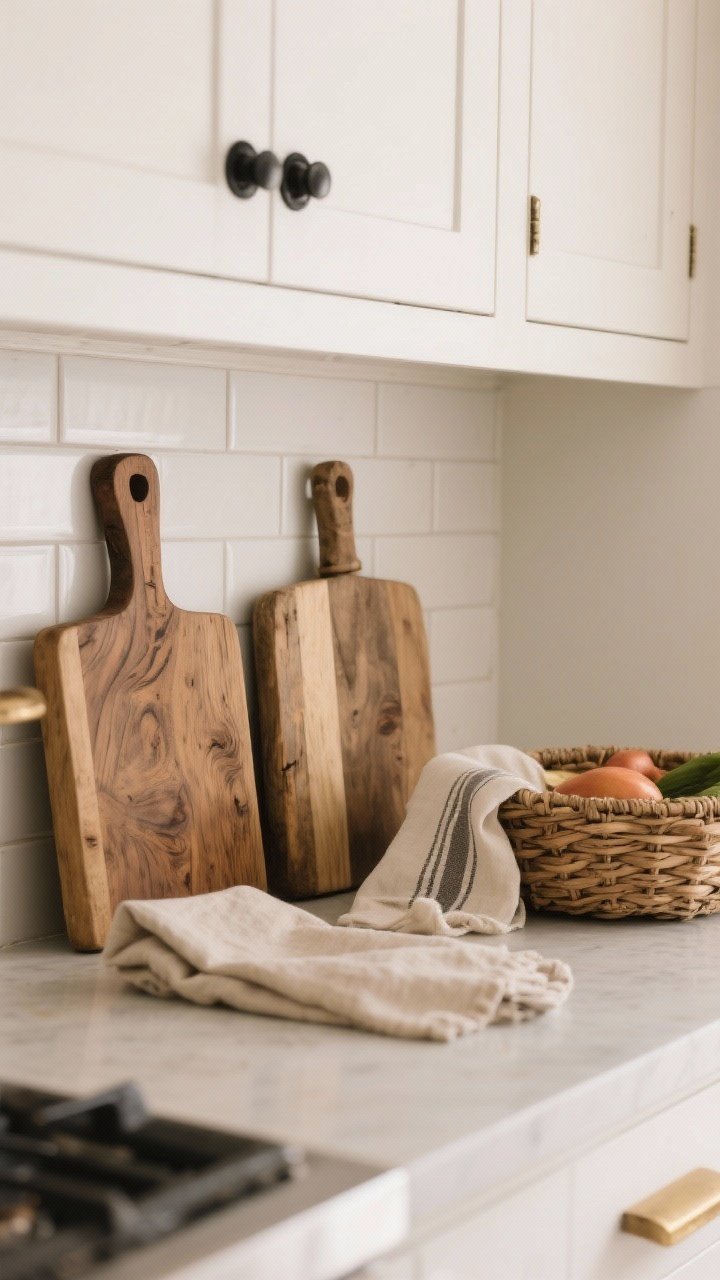 A tight detail shot from a counter-level perspective focusing on layered rustic textures: a butcher block cutting board with visible wood grain, soft linen tea towels casually folded nearby, and a woven basket holding produce. In the blurred background, subtle white beadboard or simple white subway tile backsplash adds light bounce, and hardware on a cabinet appears in matte black or brushed brass for a modern farmhouse touch. Warm neutral palette with whites, creams, warm woods, and matte metal accents, soft natural lighting, photorealistic texture fidelity.
