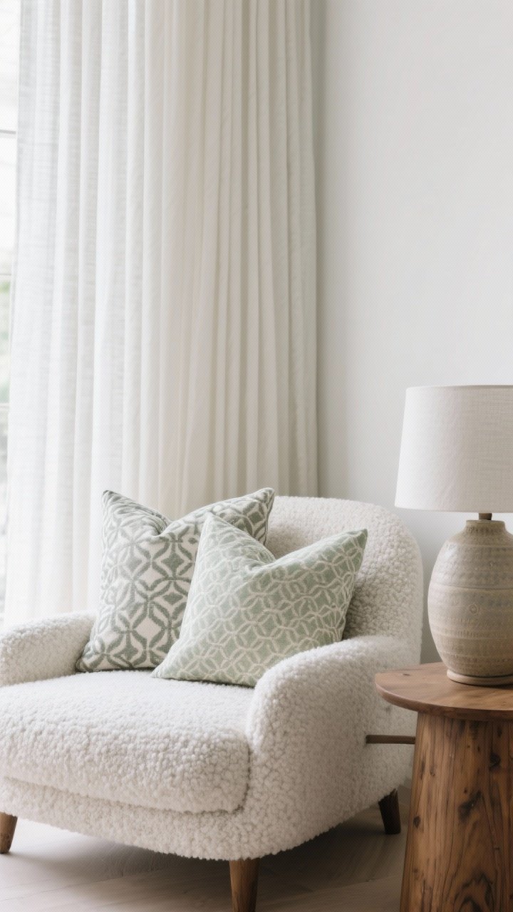 A tight detail shot, photorealistic and texture-forward: a trio of patterned pillows on a bouclé accent chair beside airy floor-to-ceiling linen curtains hung high, showing vertical lines that make the ceiling feel taller. Color palette in soft whites, greiges, and pale sage with controlled contrast; mix scales in the patterns (one bold, one medium, one tiny). Include hints of wood grain on an adjacent side table and a ceramic lamp base for tactile richness. Soft, natural daylight for an airy mood, minimal styling, no people.