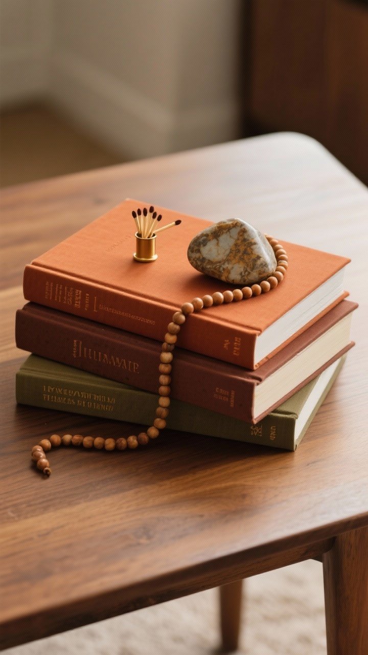 A tight overhead detail shot focused on a fall-toned book stack: two to three coffee table books in terracotta, rust, chocolate, and olive covers, stacked largest to smallest with the top book rotated on a diagonal for a casual vibe. Top the stack with a small brass match striker and a short beaded garland draped loosely, plus a single polished stone with earthy marbling. The table is warm wood; lighting is soft and diffused to bring out paper textures and patina in the brass. Keep composition minimal to highlight editing and moodiness of the covers.