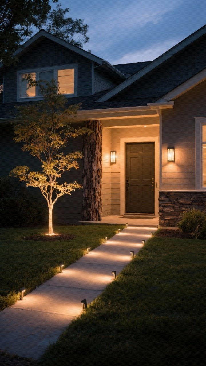 A twilight exterior medium shot highlighting low-voltage lighting: staggered warm-white (2700–3000K) path lights creating pools of light (not a runway), one focused uplight dramatizing a small ornamental tree, and a warm wash of light around the front door via eye-level sconces. The rest of the yard remains subtly dark for contrast. Emphasis on glow, shadows, and texture on bark and siding.