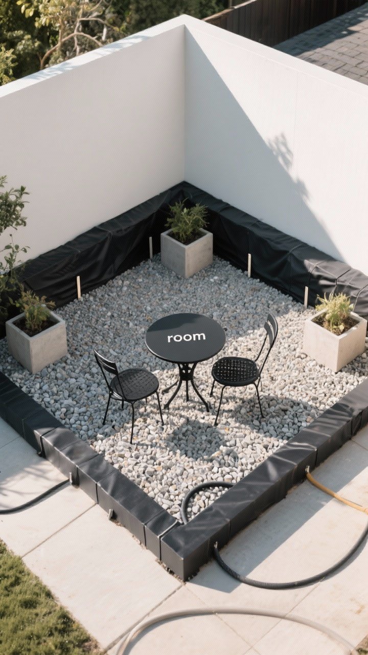 A wide, corner-angle view of a newly laid gravel patio “room”: defined by sleek black steel edging, landscape fabric beneath, and 2–3 inches of compacted crushed gravel for stable footing; a small black-metal bistro table with two chairs sits on the surface, flanked by simple planters; morning light with soft shadows highlights the angular edges and crushed gravel texture; hoses and stakes have been removed, leaving a crisp finish; no people, photorealistic.