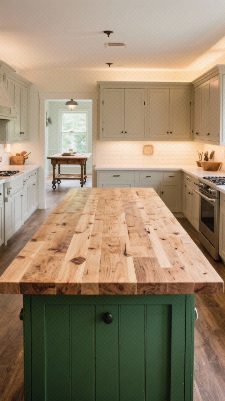 A wide kitchen shot centered on a wood-topped island with maple butcher-block surface showing gentle patina and knife marks, sealed with satin polyurethane; island base painted deep green to make the wood top pop; surrounding cabinetry kept neutral to emphasize the island as the farmhouse anchor; optional vintage wood table on casters visible in the background as a movable prep surface; balanced overhead daylight with warm under-cabinet glow; photorealistic, inviting, functional farmhouse style.