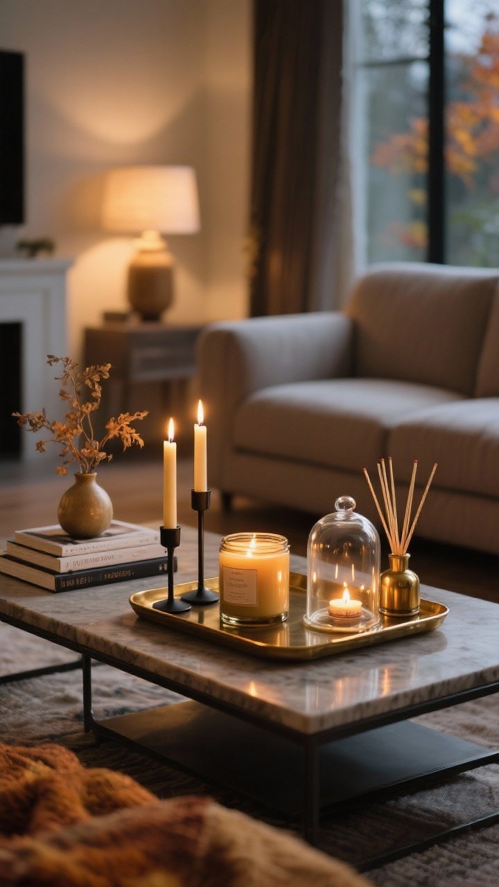 A wide living room shot creating a fall mood with candlelight and scent: on a sturdy tray atop the coffee table, group a large jar candle, two taper candles in brass and matte black holders, and a glass match cloche for a considered look. Arrange in odd numbers and varied heights. Nearby, a small stack of books with a simple decorative object, and a low vase with dried stems complete the three balanced zones. Include a subtle reed diffuser on the edge of the tray to imply flameless scent options. Evening ambient lighting with warm candle glow reflecting softly on brass; photorealistic, no people, cozy and intentional.