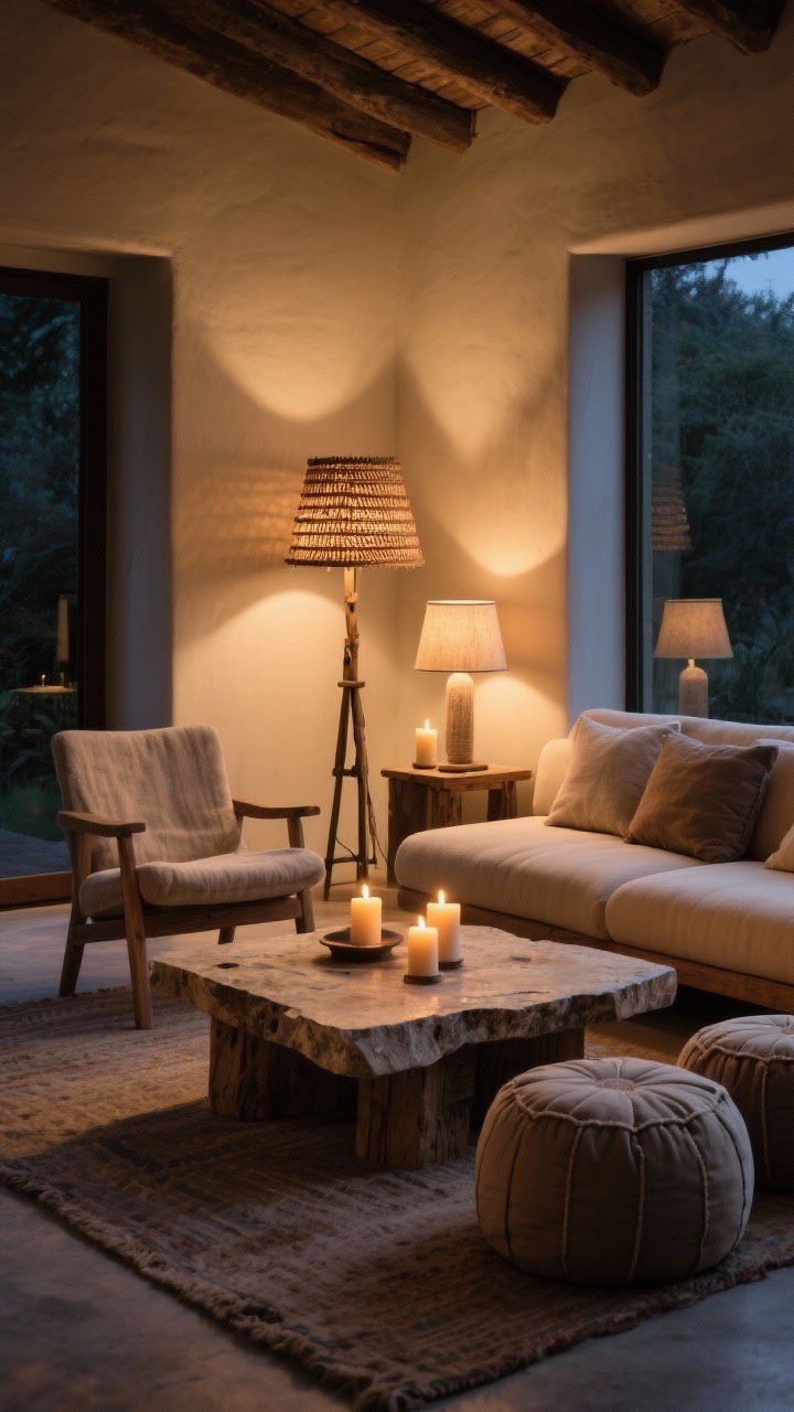 A wide, loungey evening scene of a boho seating area with cozy lighting: a low-profile neutral sofa, a relaxed accent chair, and two poufs/floor cushions around a rustic raw-wood or travertine-slab coffee table. Layered lighting includes one rattan-shaded floor lamp, two linen-shaded table lamps, and a few candles for flicker; all bulbs warm at 2700K–3000K with a dim, ambient glow. Earthy palette, textured lamp shades, and soft shadows creating an inviting mood; no harsh overheads.