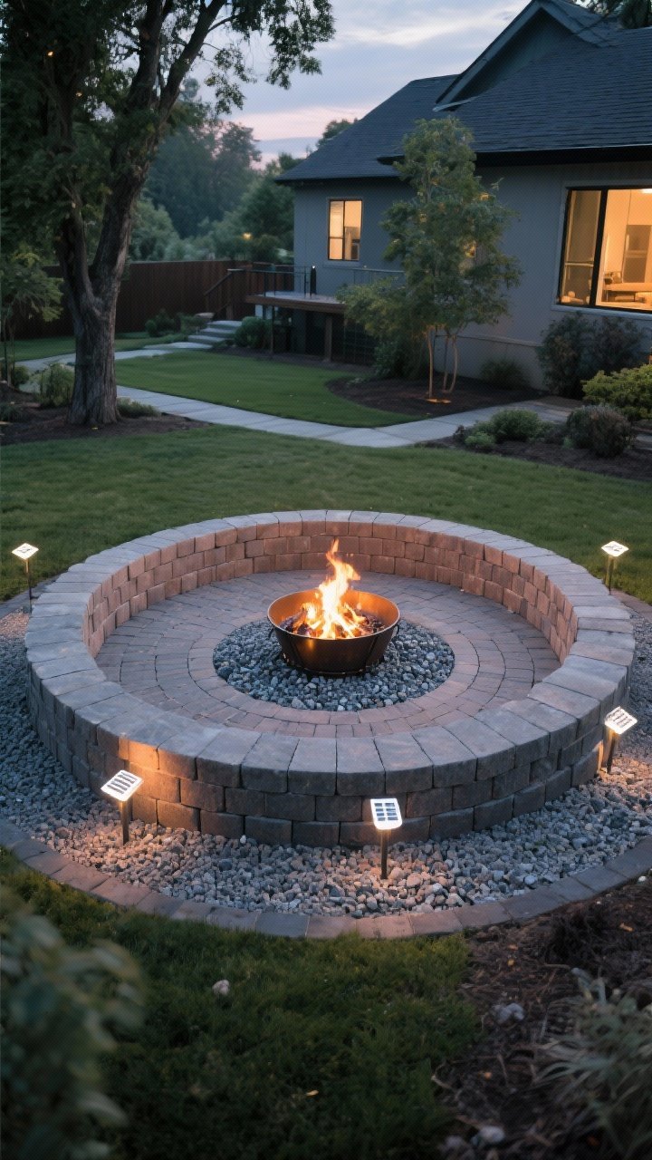 A wide overhead shot of a DIY circular fire pit zone set at least 10 feet from the house and trees: a stacked ring of fire-rated retaining wall blocks encircling a metal fire ring on a compacted paver base, center filled with pea gravel, surrounded by decomposed granite; a few warm-white solar path lights dot the perimeter for evening glow; level lines, clean edges, and a casual seating ring implied by space; twilight lighting emphasizes the cozy custom look; no people, photorealistic.