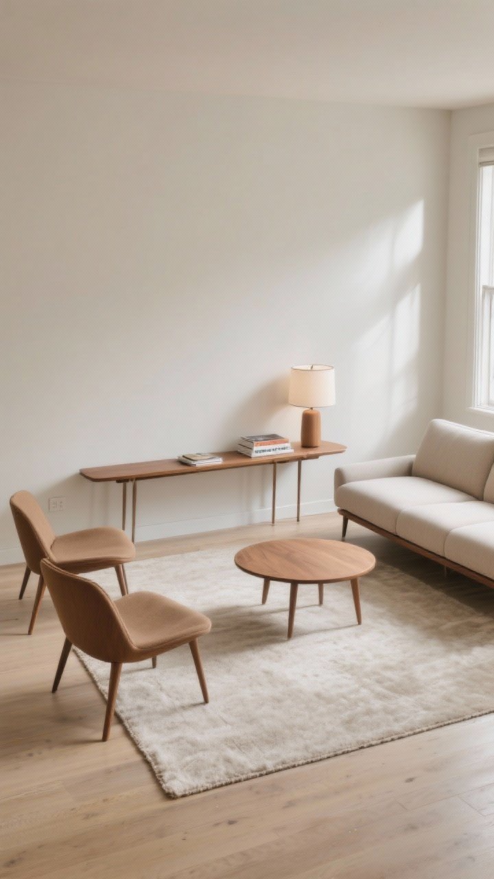 A wide, photorealistic small living room shot showcasing “floating” furniture placement: a slim mid-century sofa pulled several inches off a light neutral rug, paired with two compact accent chairs on visible tapered legs, and a round wood coffee table to ease traffic flow. Include a narrow console table behind the sofa with a low-profile lamp and a few books, emphasizing open floor space and clear circulation. Natural daylight from a side window, soft shadows, clean walls in a light neutral, no people. Camera at a slight corner angle to highlight the created conversation zone and the airy feel.