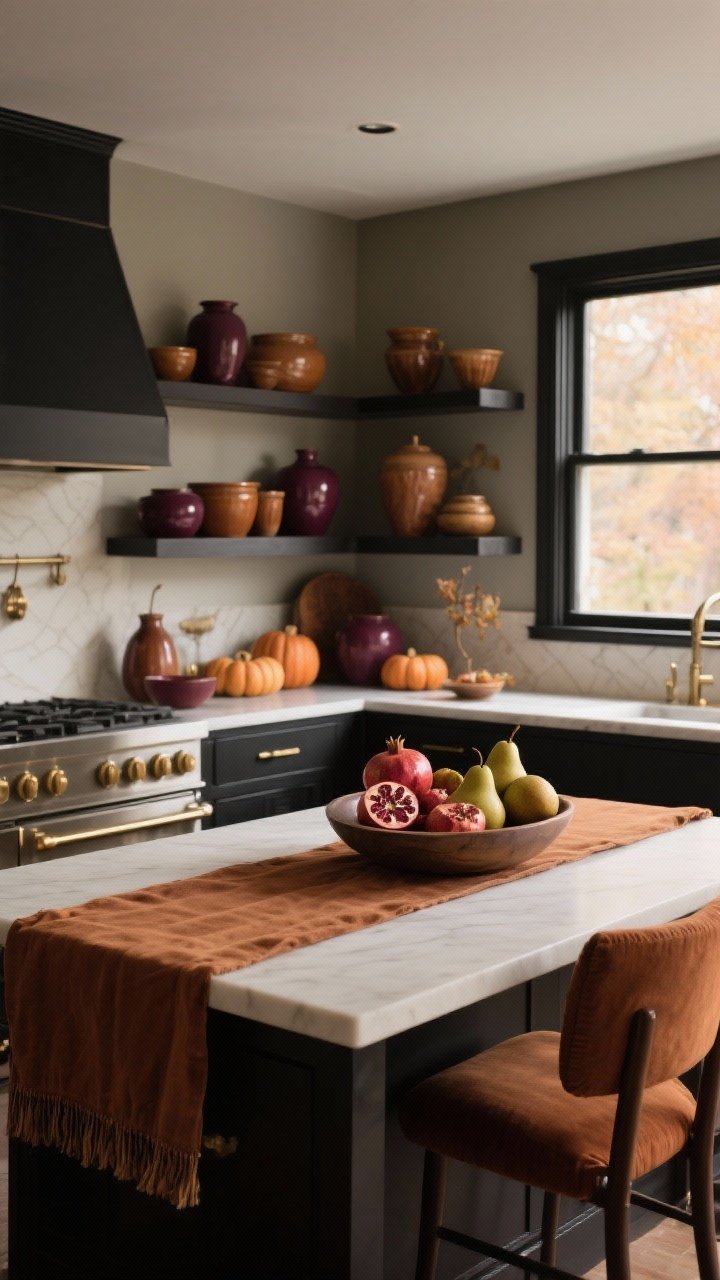 A wide shot of a moody, cohesive fall color story in a kitchen: open shelves styled with glazed ceramics in cinnamon and merlot tones, paired with matte black and brass accents; a table runner and chair cushions in maple-syrup and clove hues; a shallow bowl on the island filled with pomegranates, pears, and small squash to echo the palette. Limit the scheme to 2–3 repeated colors (e.g., cinnamon, merlot, cream). Soft, warm daylight from a window; lightly vignetted for coziness. Straight-on, full-room perspective to show color repetition and restraint. Photorealistic.
