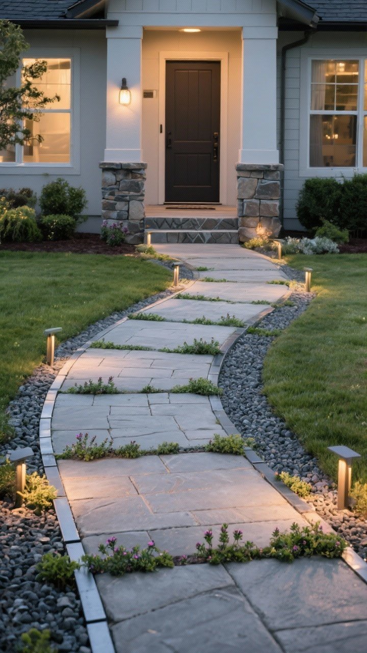 A wide, straight-on exterior shot of a front yard showcasing a gently curved front path leading to the door, built with large rectangular stone pavers spaced with creeping thyme and creeping Jenny between joints; steel edging crisply defines the path against a gravel side strip, and low, warm path lights are integrated along the edges for an intentional look. The path is 4 feet wide, with subtle stamped-concrete front stoop in a natural stone pattern. Mood: welcoming, tidy, softly lit near dusk.