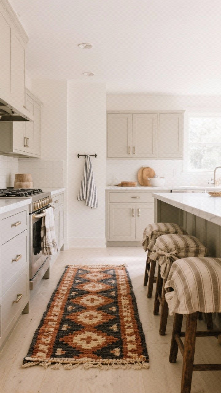 A wide, straight-on view of a bright kitchen showcasing cozy textiles layered in: a low-pile runner rug in earthy tones (rust, oat, charcoal) with a vintage-inspired pattern running between the island and cabinets; plaid and ticking-stripe tea towels—one neatly on the oven handle, another on a wall hook; counter stools or dining chairs with linen slipcovers or tie-on cushions featuring grain-sack stripes. Modern kitchen bones subtly warmed by textiles. Washable, lived-in look. Neutral cabinetry with matte finishes, soft daylight, no clutter, photorealistic fibers and weave details.