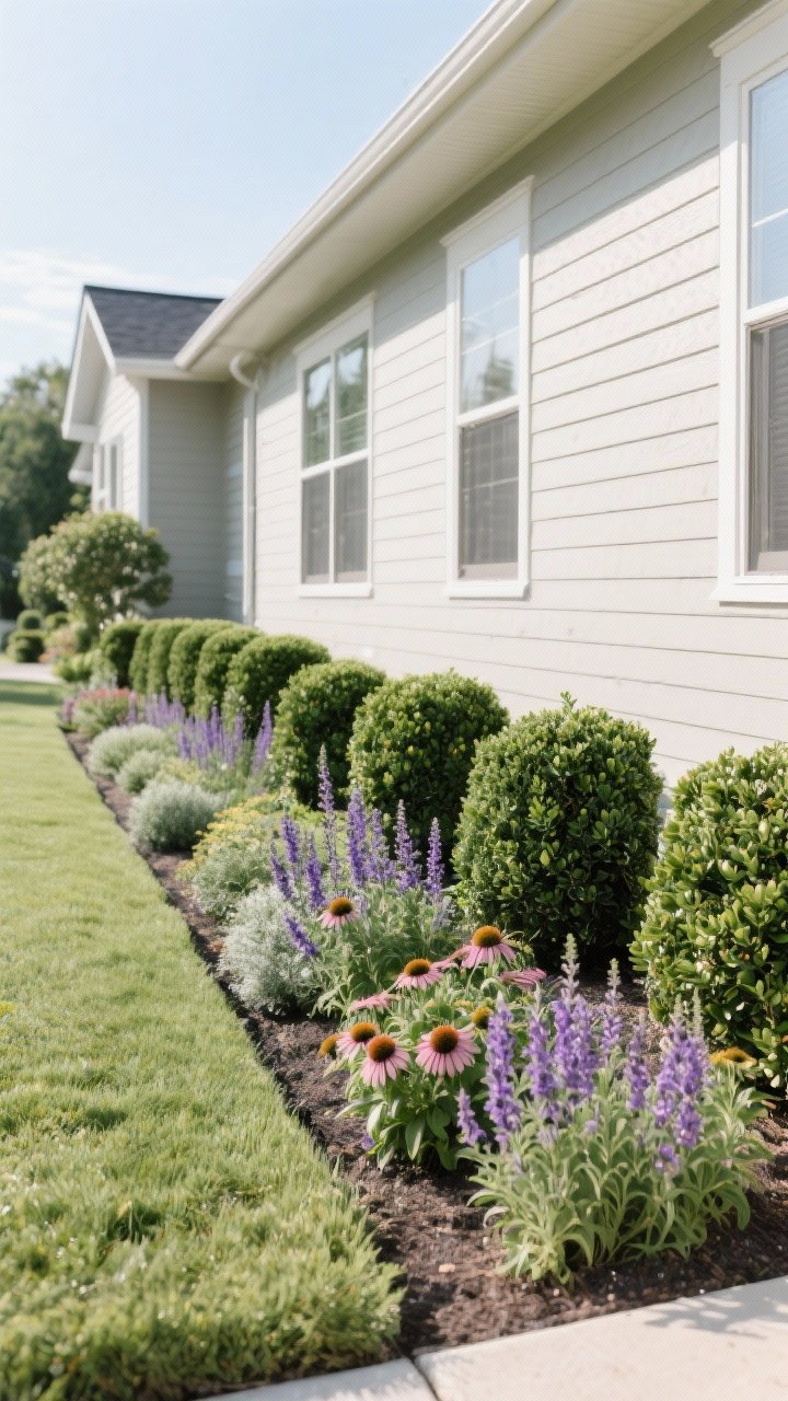 A wide, straight-on view of upgraded foundation plantings along the house: a cohesive rhythm of low evergreen shrubs (boxwood, dwarf holly) anchoring the line, repeated 2–3 varieties across the facade. Front strip includes perennials (salvia, coneflower, lavender) for seasonal color, and heights vary in soft waves rather than a single hedge height. A visible 18-inch setback from siding for airflow. Bright, even daylight.