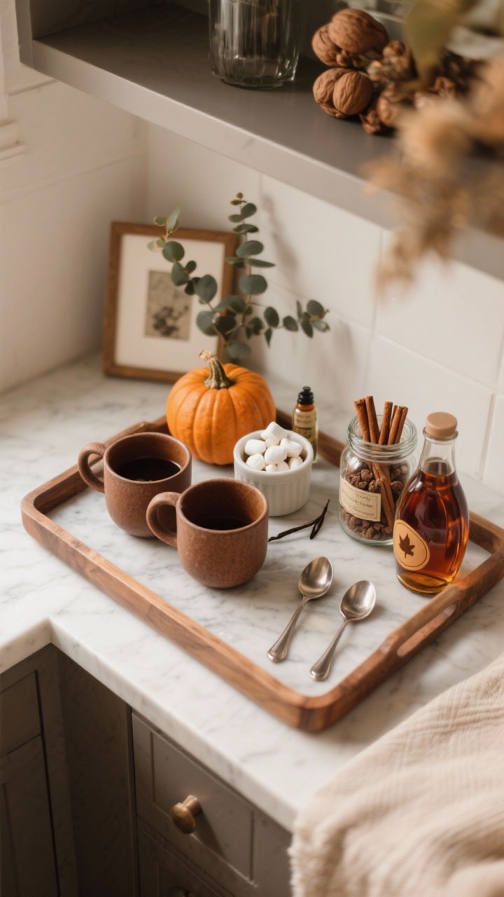 An overhead detail shot of a seasonal coffee and cocoa nook: a rectangular wood or marble tray corralling rich-toned stoneware mugs, a small sugar bowl, metal spoons, and amber glass syrup bottles; clear glass jars with labels holding cinnamon sticks, mini marshmallows, and cocoa mix; spice jars of nutmeg and cardamom, plus a bottle of maple syrup and a small vial of vanilla. Add a tiny framed print leaning behind, a sprig of eucalyptus, and one mini pumpkin as the finishing touch. Warm, diffused lighting for cozy mood. Photorealistic.