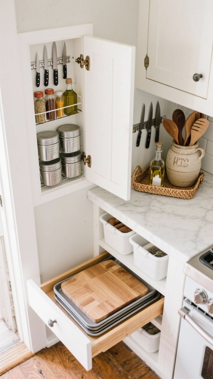 An overhead detail shot of hidden storage solutions in a small farmhouse kitchen: a cabinet door opened to reveal a back-of-door rack neatly holding spices and oils; a toe-kick drawer pulled out with baking sheets and cutting boards; a magnetic strip on the wall securing knives and metal spice tins; inside the cabinet, stackable bins and shelf risers doubling the space. On the nearby counter, a vintage crock corrals wooden utensils and a woven tray organizes oil and salt, keeping surfaces tidy. Clean, bright lighting for clarity, warm whites and natural wood tones, photorealistic.
